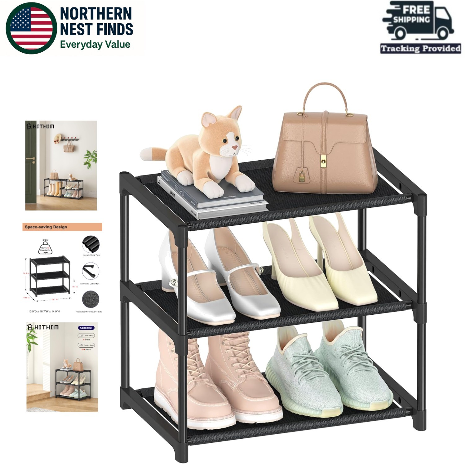 Versatile Narrow Shoe Shelf - Modern 3-Tier Organizer for Entryways & Closets