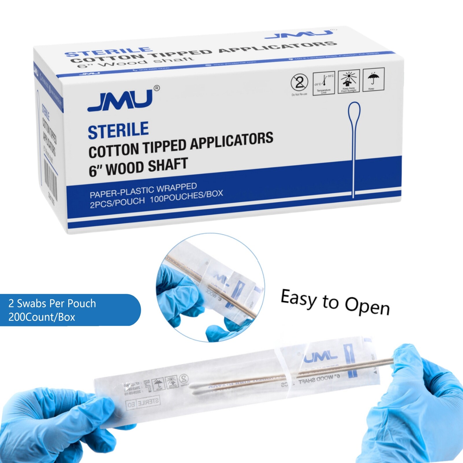 JMU 6" Sterile Cotton Applicator, Up to 10000 Wood Swab Stick Medical Makeup