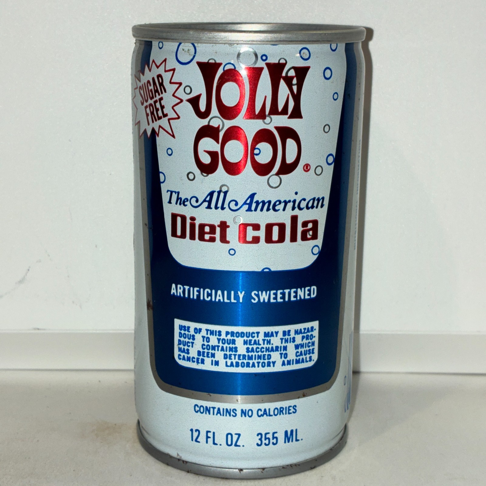 1970's Jolly Good Diet Cola  Soda can, crimped steel, "Sugar Free" bottom opened