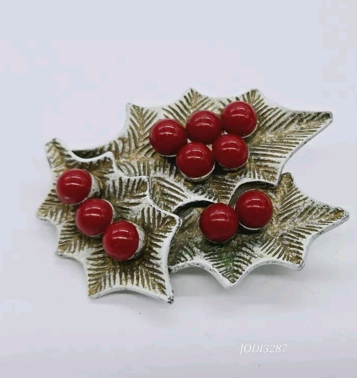 Holly Brooch White Red Berries Accent Christmas Signed DOBBS Vintage 1.75 in