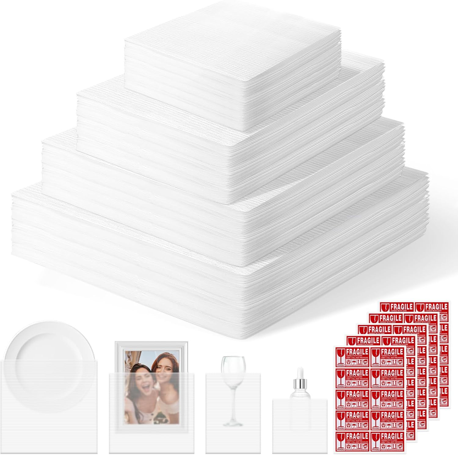 300Pc Packing Foam Pouches Kit with Fragile Label Sheet 4 Sizes Bubble Wrap for