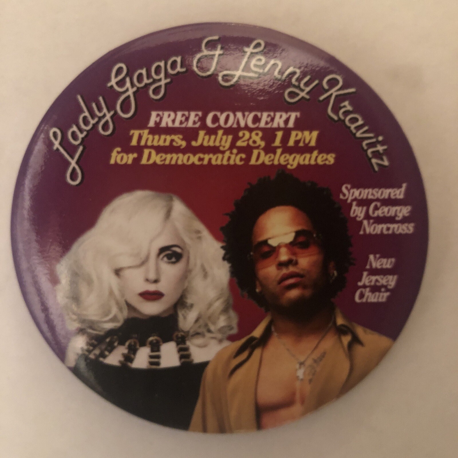 Lady Gaga Lenny Kravitz Free Concert Democratic Delegates 3” pinback button pin
