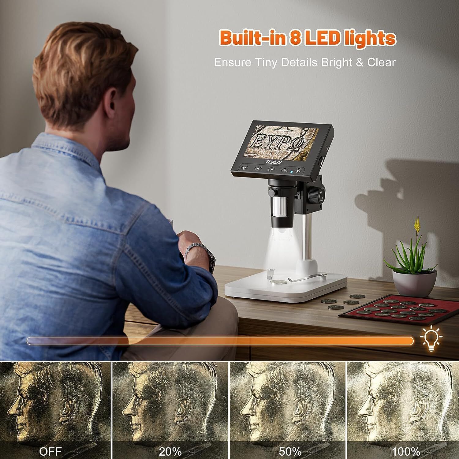 Microscope LCD Digital Coin Microscope 1000x Coin Magnifier 8 Adjustable Lights