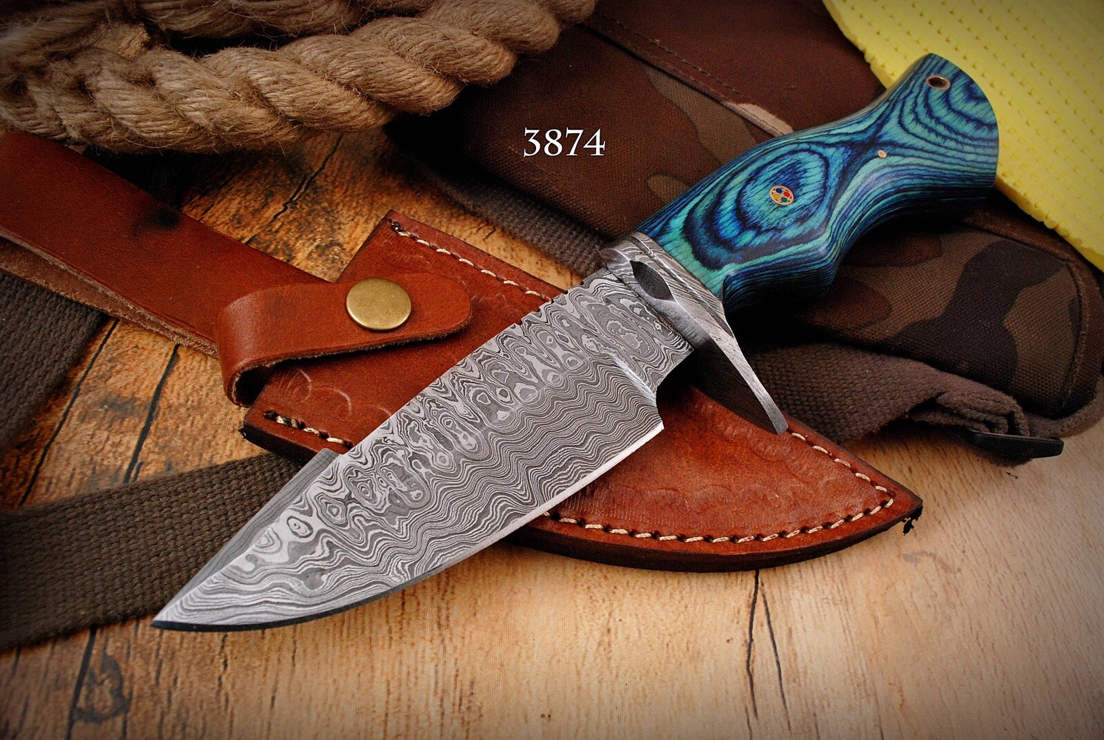 10” DAMASCUS FIXED BLADE SURVIVAL FISHING HUNTING CAMPING BOWIE TRACKER KNIFE
