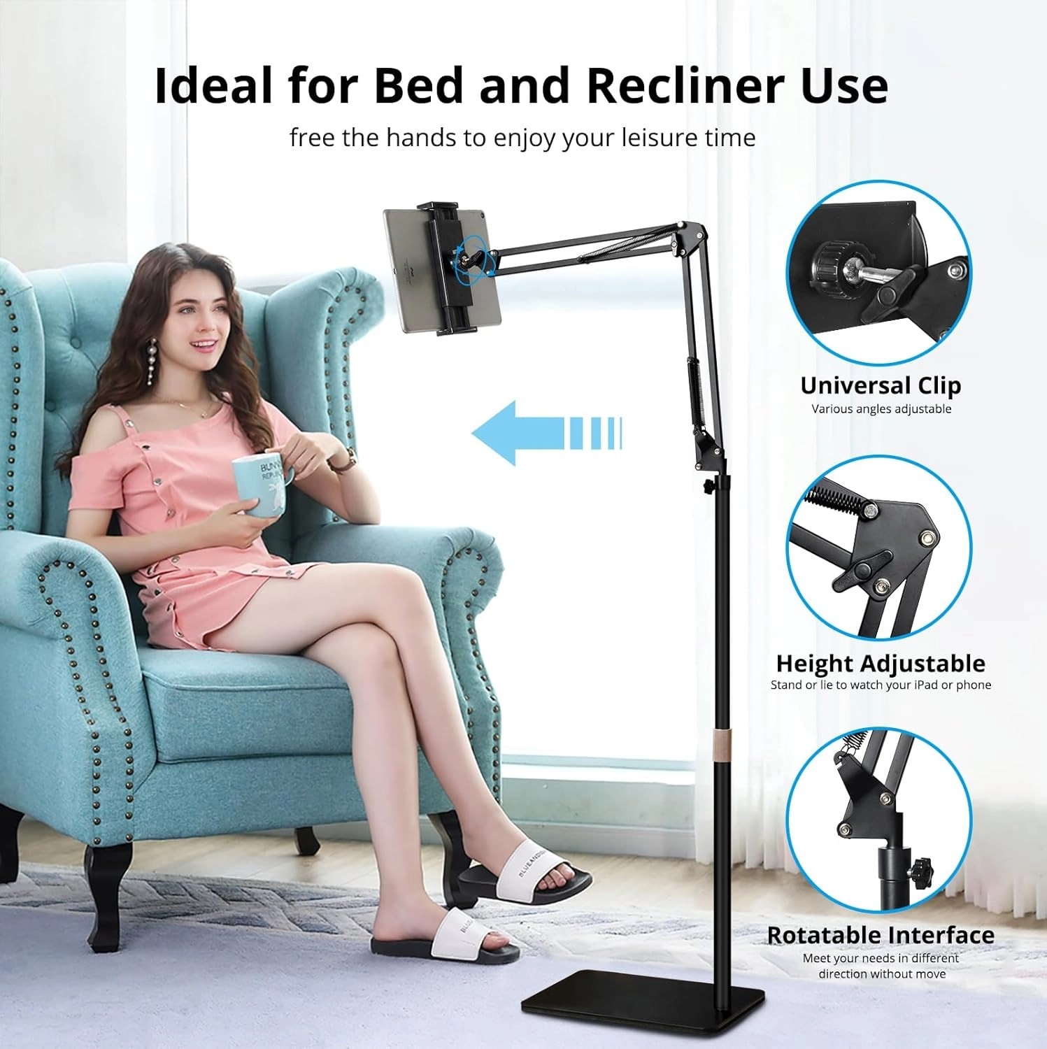 69'' Tablet Floor Stand Overhead Bed Phone Stand Angle Height Adjustable Holder