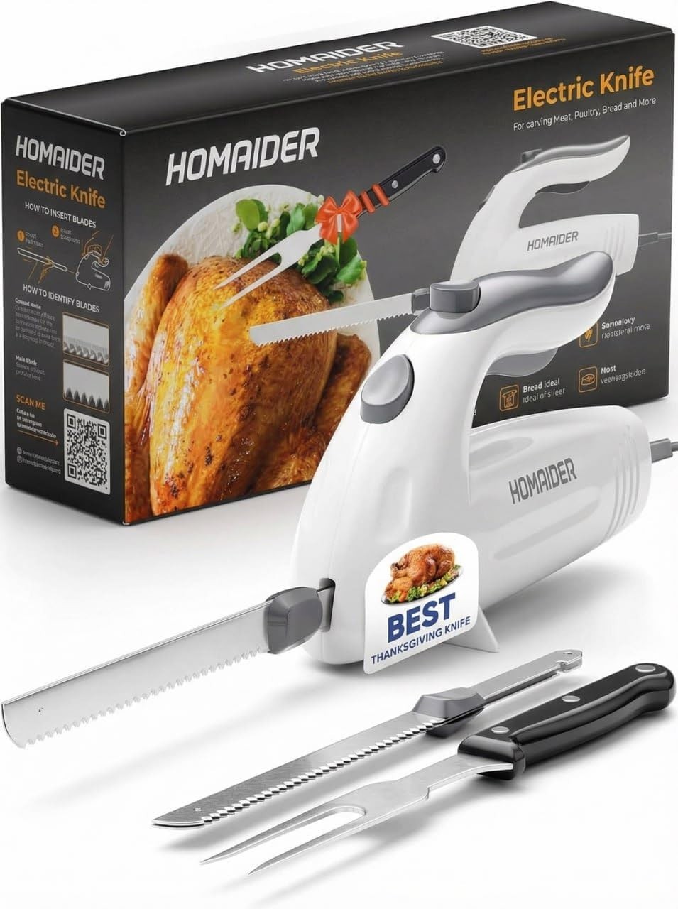 Homaider Electric Knife Carving Set w/ Serving Fork & 2 Stainless Steel Blades