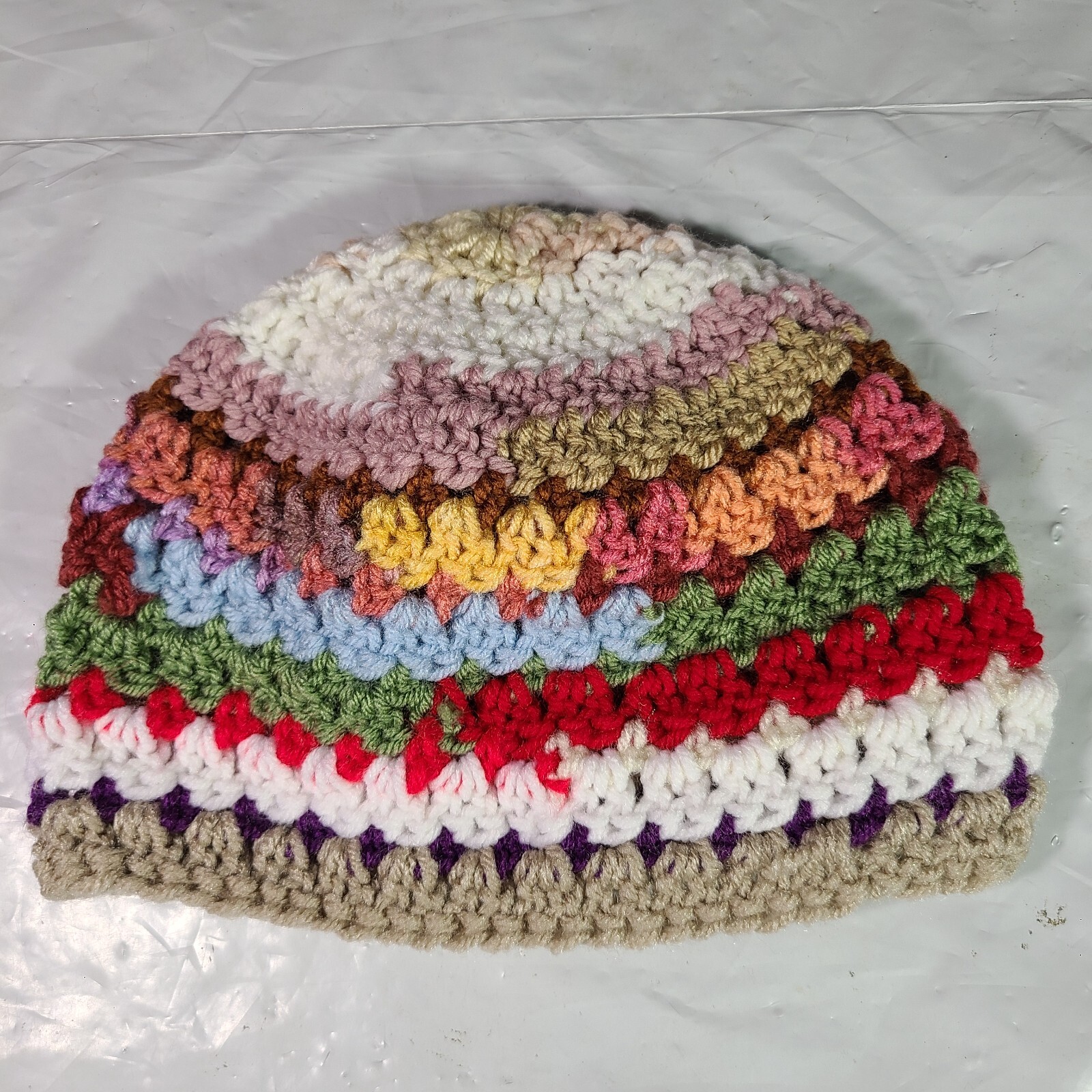 Hand Crocheted Beanie Hat Stretchy Cable Knit Multicolor Red White Yellow Beige