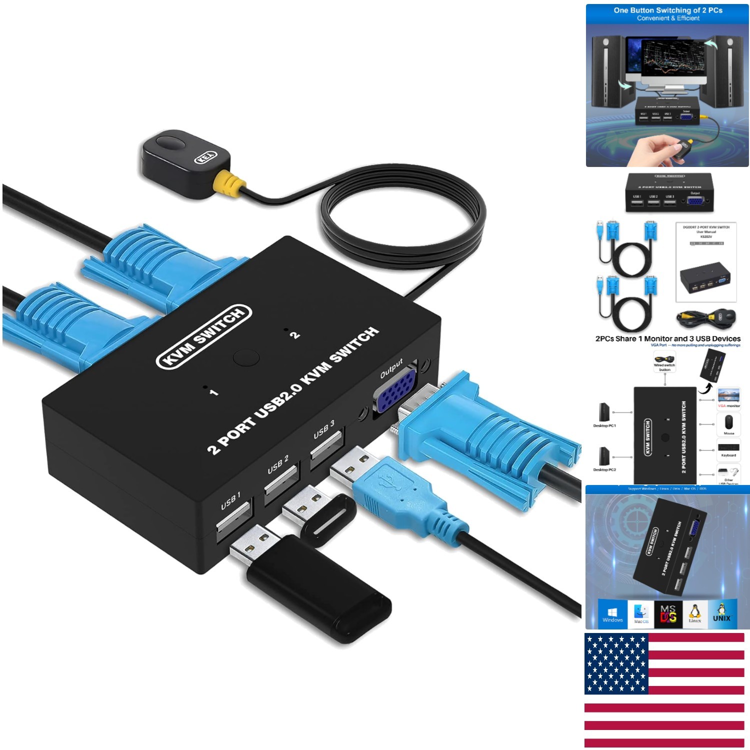 Versatile USB VGA KVM Switch for 2 PCs & 3 USB Devices - Ideal for Workspaces