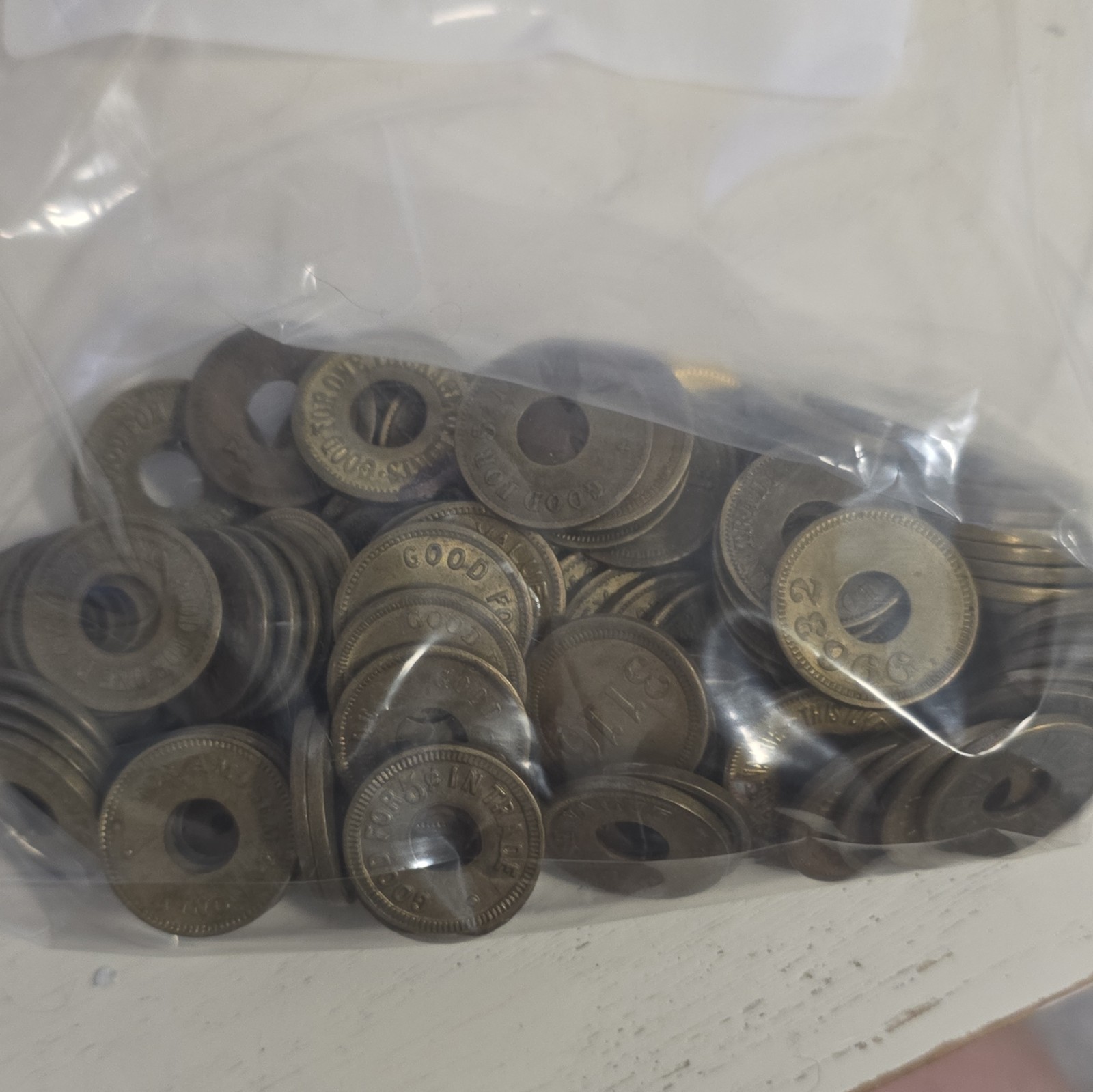 Lot of 100+Circulated Vintage "GOOD FOR" Trade  Tokens with Center Hole, Mixed