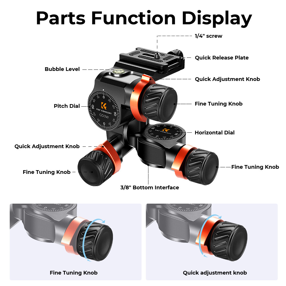 K&F Concept 3-Way Geared Head Tripod Head Aluminum for DSLR SLR Arca-Swiss GW-3D