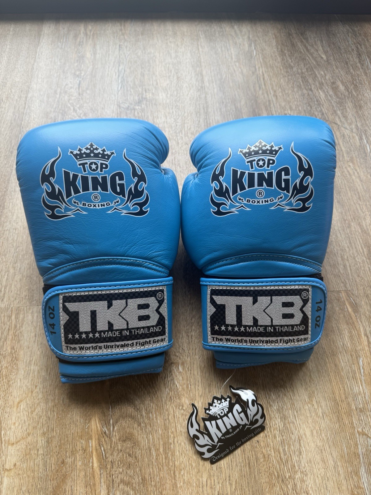 Top King Boxing Gloves 14 oz Neon Blue Leather TKB Thailand