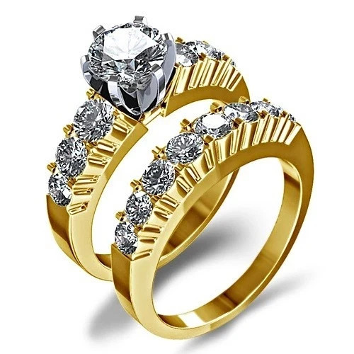 Round Lab Created Diamond Bridal Set Engagement Ring In 14k Yellow Gold Plated