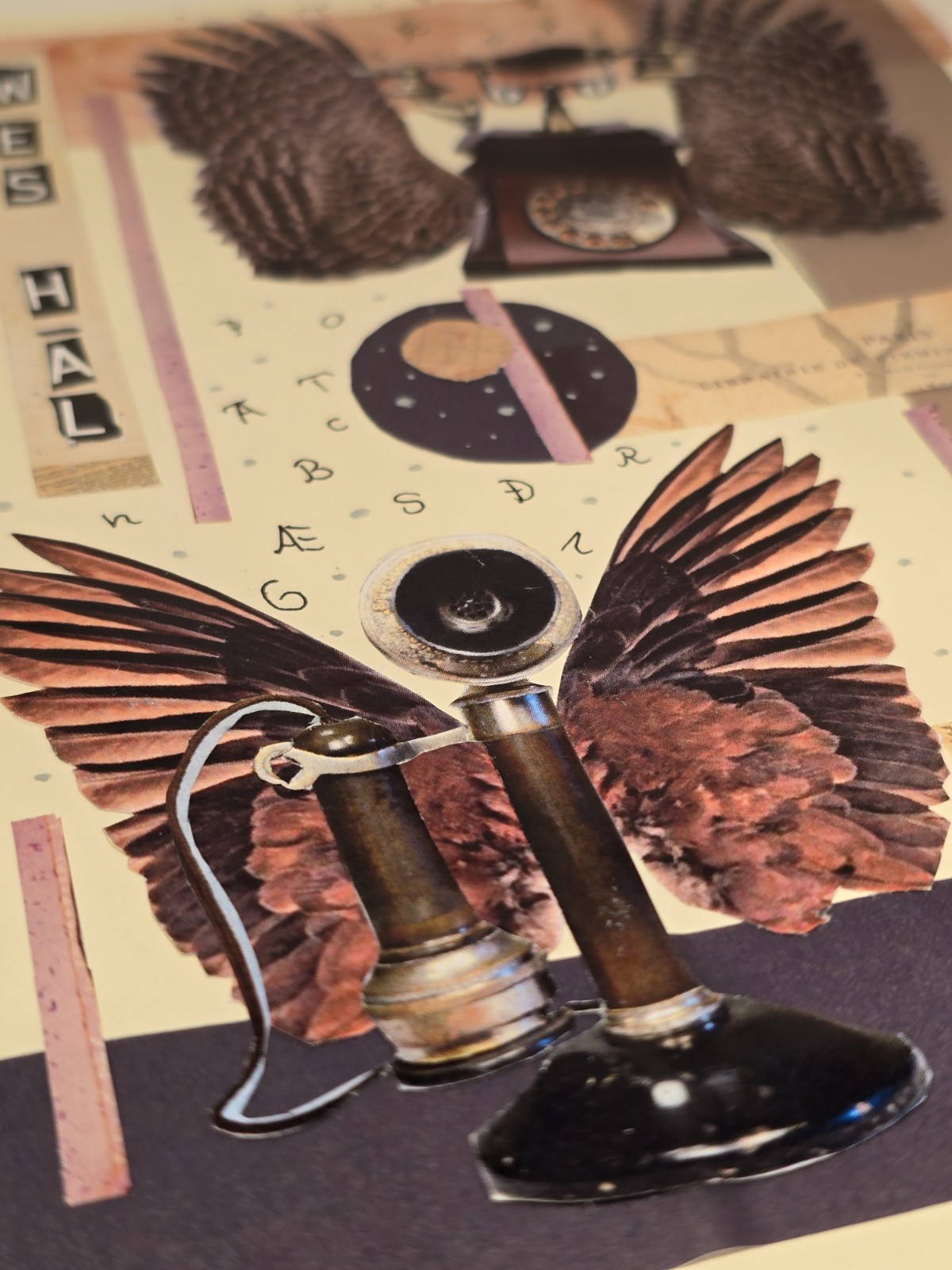 Winged Telephone Collage Art Set – Vintage Steampunk Mixed Media Wall Decor Card
