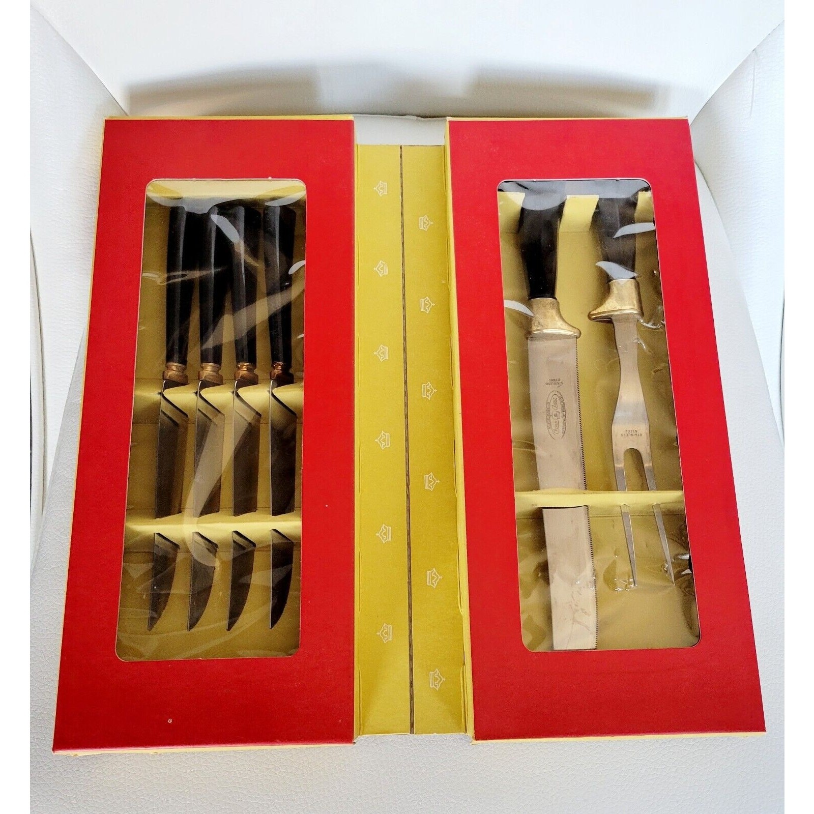Sheffield Crown Crest Stainless Steel Carving Set plus Steak Knives VTG 6 Pcs