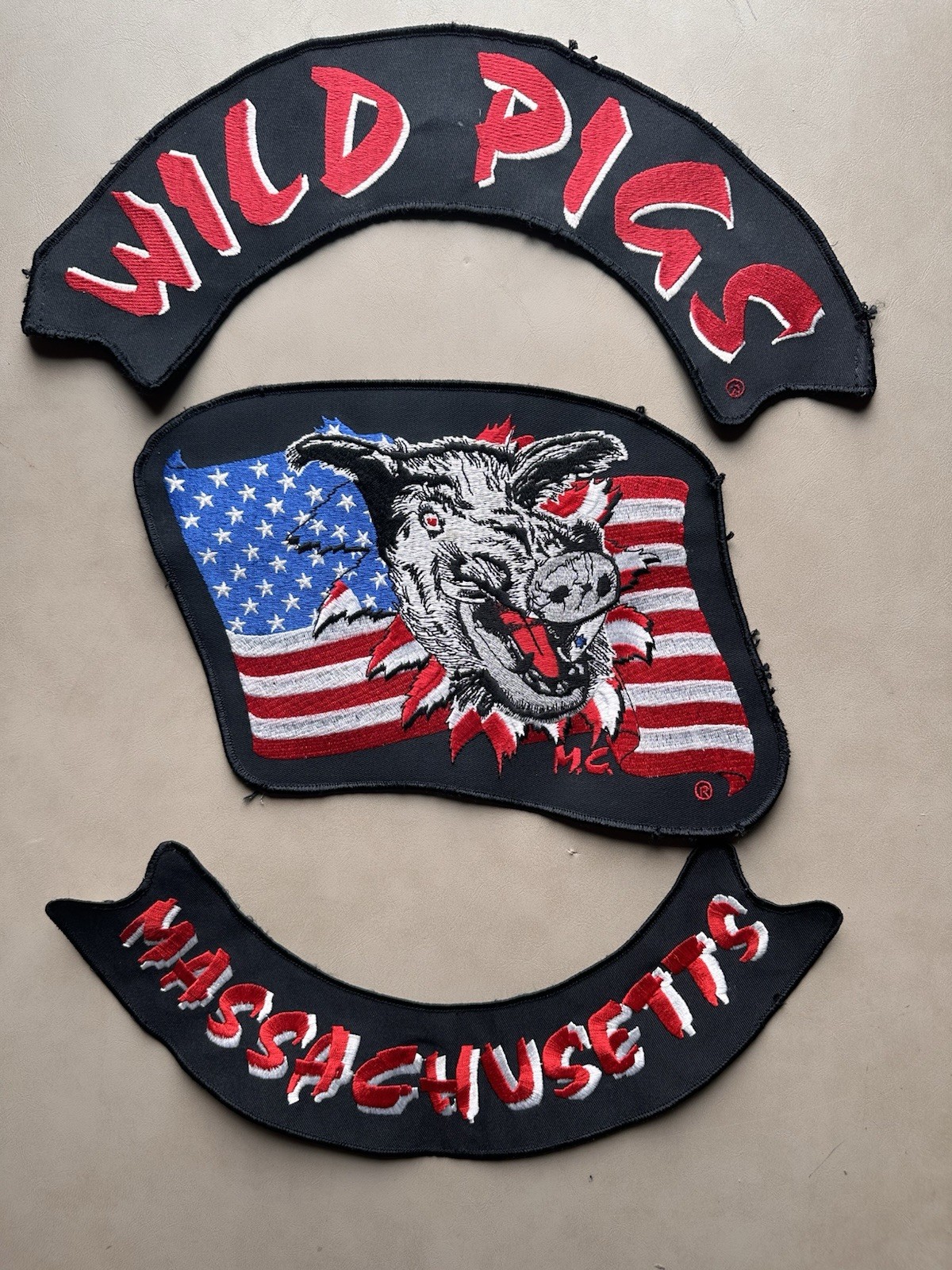 Wild Pigs MC Embroidered American Flag Motorcycle Club Patch Set LE MC
