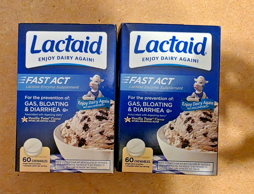 Lot of 2 Lactaid Fast Act - 60 Chewables Vanilla Flavor - Exp: 05/2027+