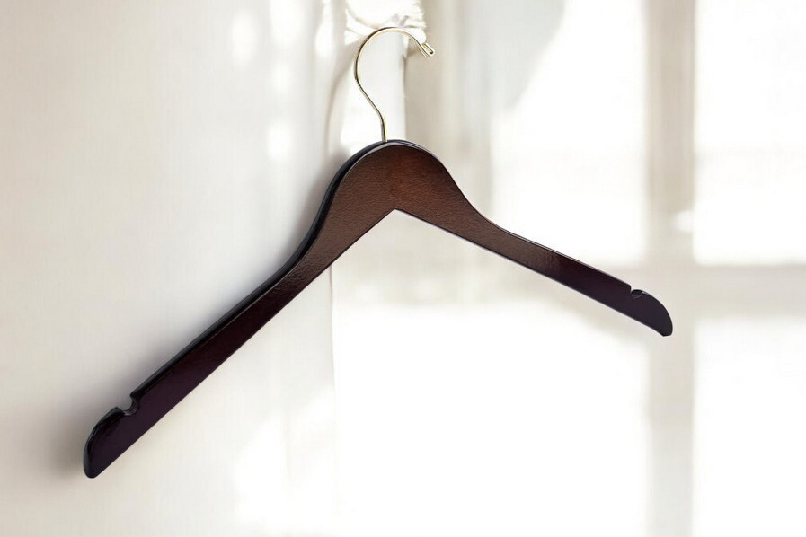 Case of 12 Adult Dark Walnut Wooden Top Hangers with Gold Hooks