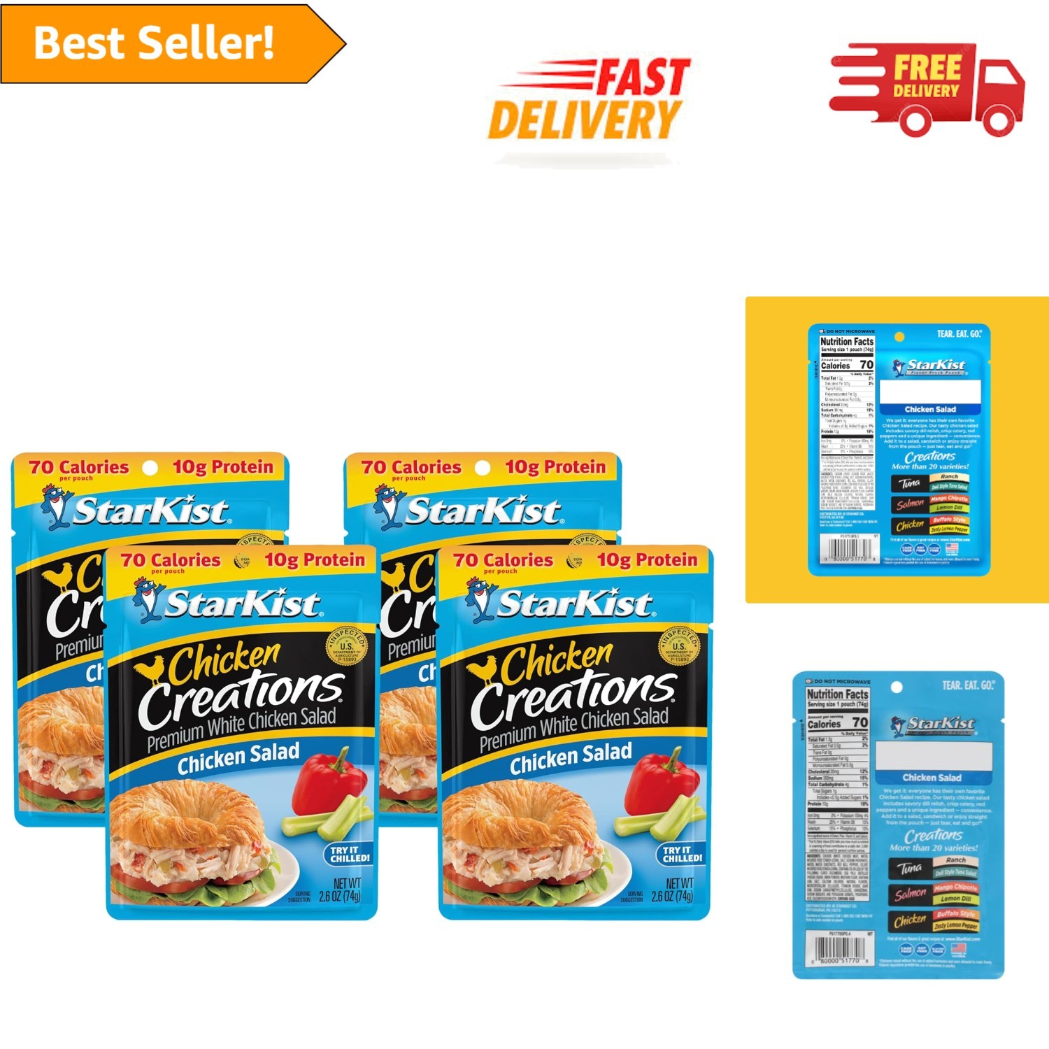 Ready-to-Eat Chicken Salad Pouches, 2.6 oz Pack of 4 - Perfect for On-the-Go