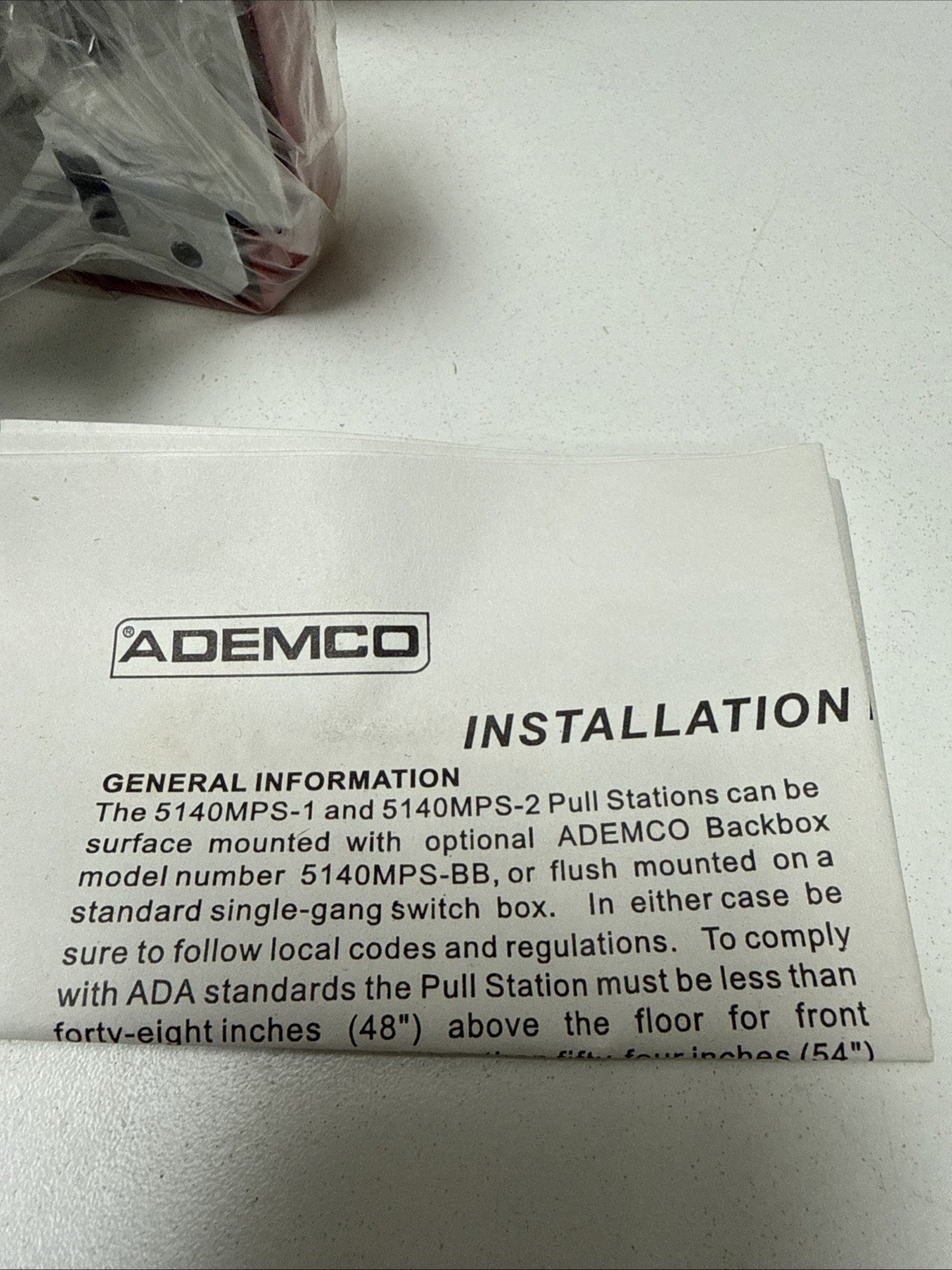 Ademco Manual Fire Alarm Pull Station Model 5140MPS-1