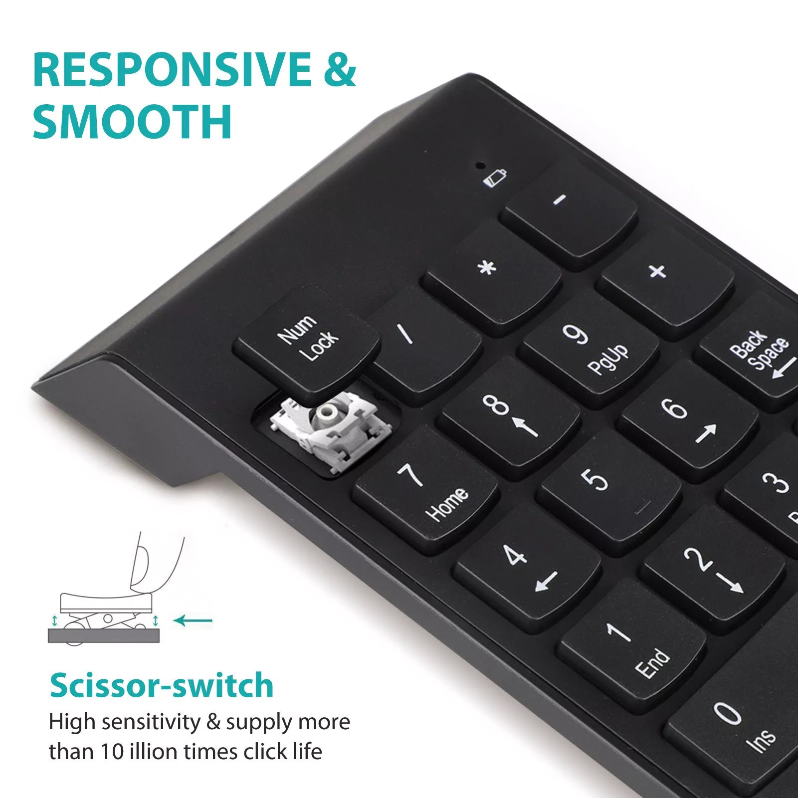 18-Key Wireless Number Keyboard W/2.4G USB Receiver 33ft Range Ergonomic Design
