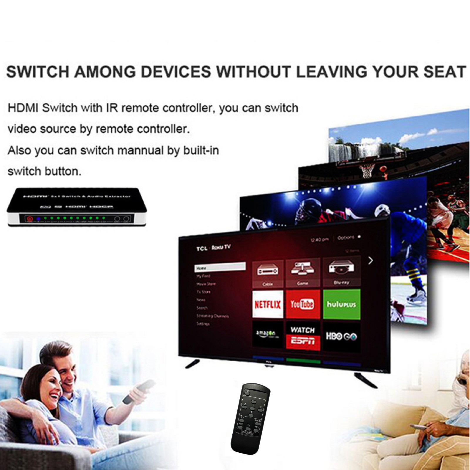 HDMI Switch 5 in 1 out Port Switcher w/ Remote Control Power For PS4 PS5 Xbox n