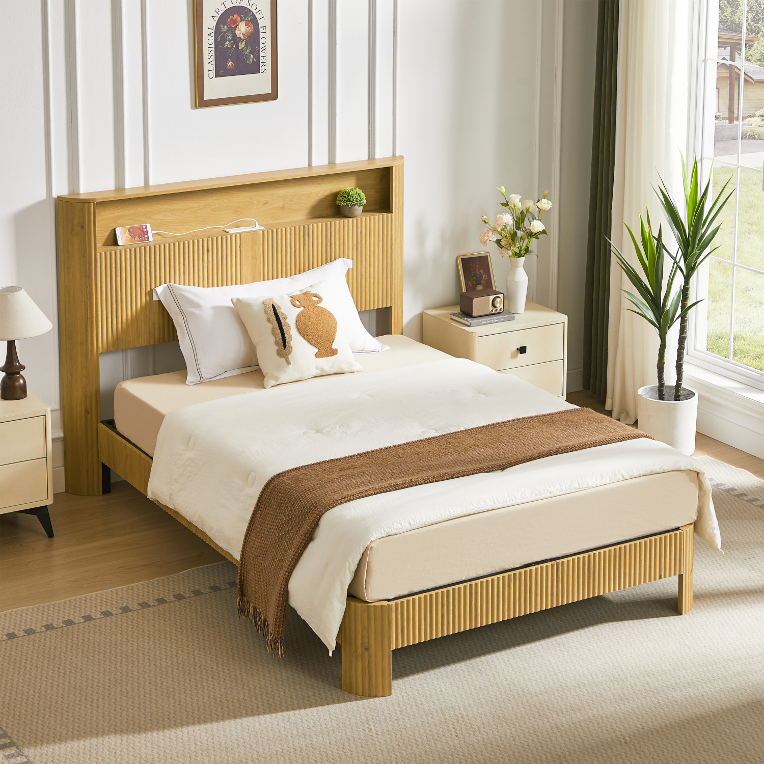 Full XL/Queen Size Bed Frame Metal Platform Bed w/ storage Headboard & USB Ports