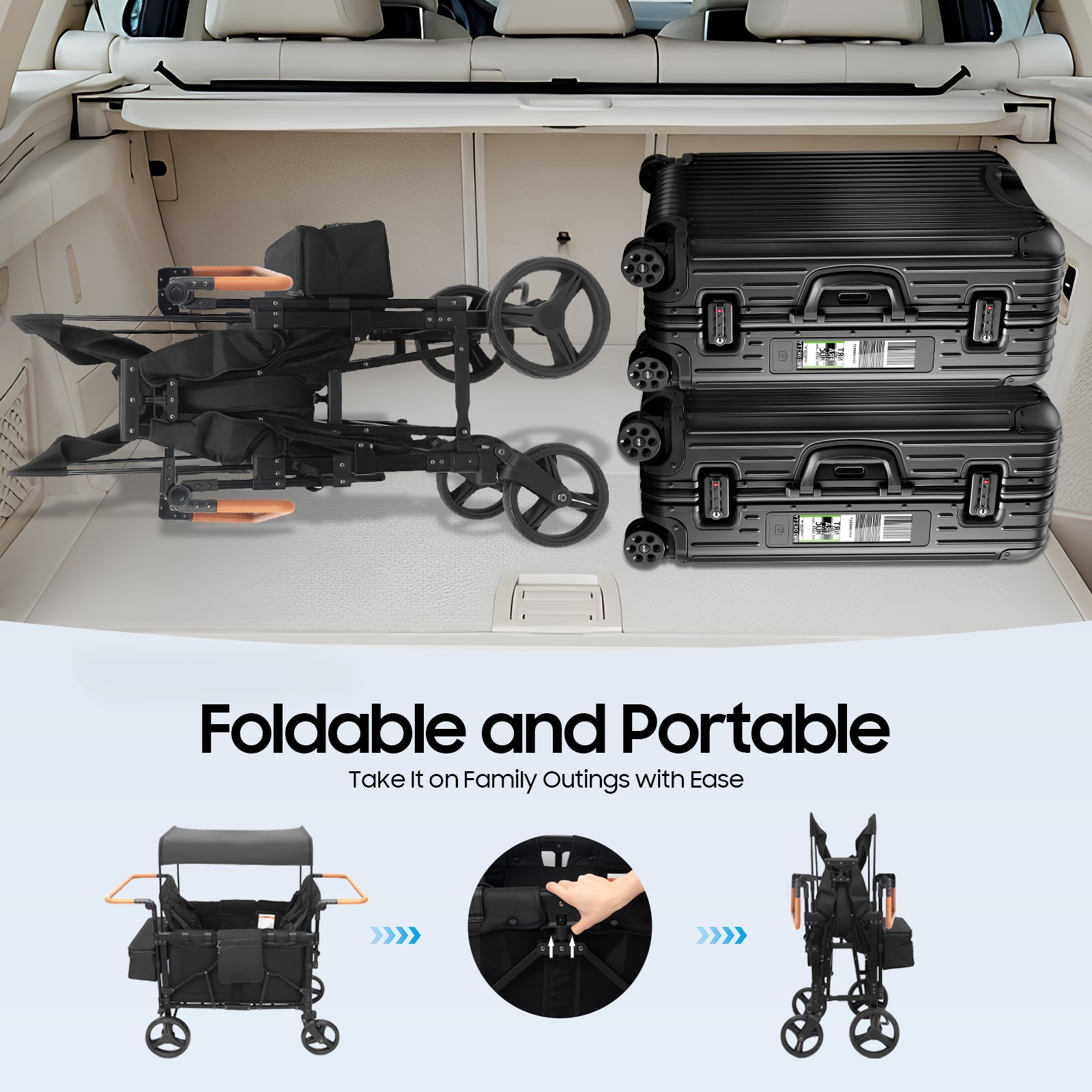 Adjustable 4-seats Stroller Wagon Push Pull Quad Collapsible Stroller With Wheel