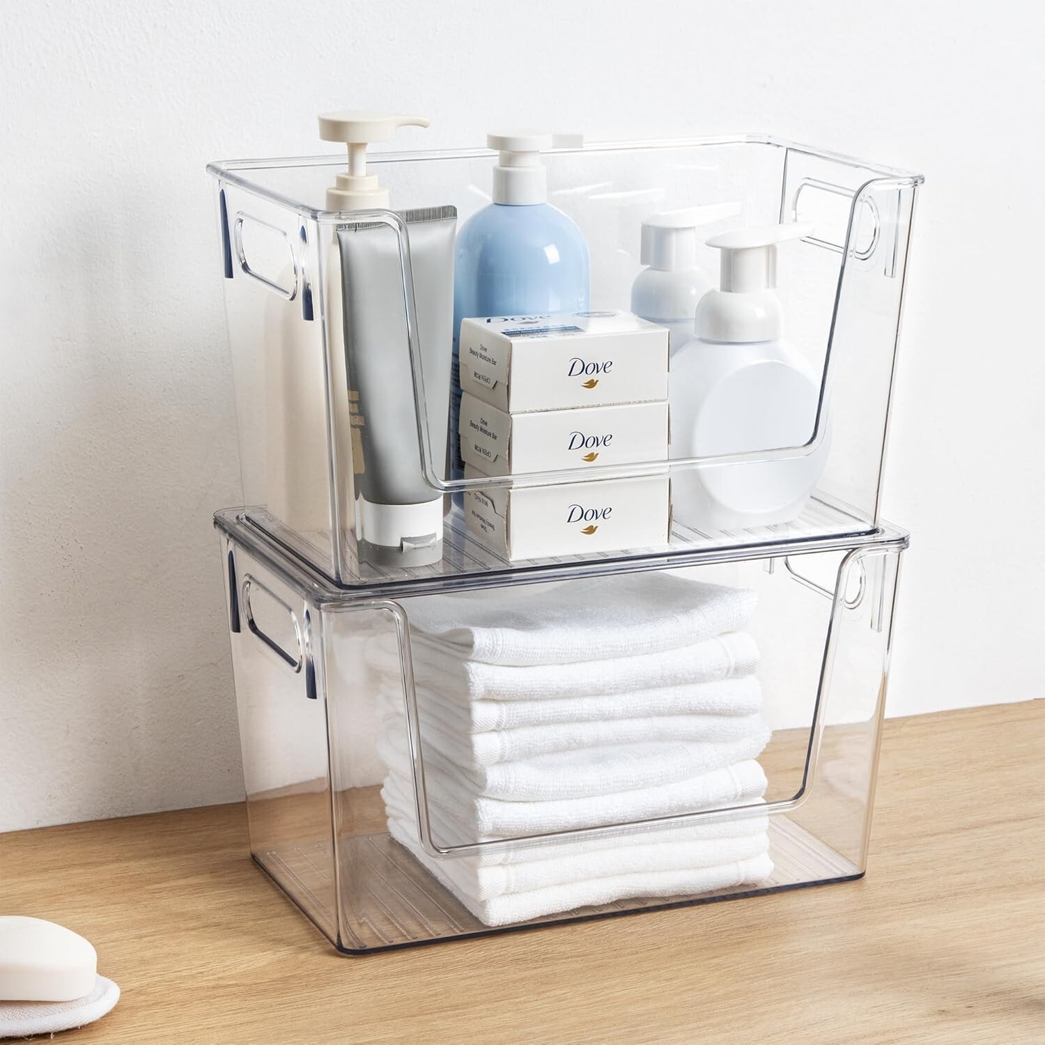 4 Pack Large Stackable Storage Bins Plastic Container Organizer Pantry Storage