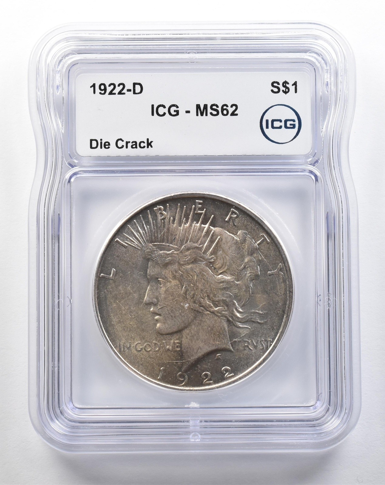 1922-D Peace Silver Dollar Die Crack MS62 ICG *3798