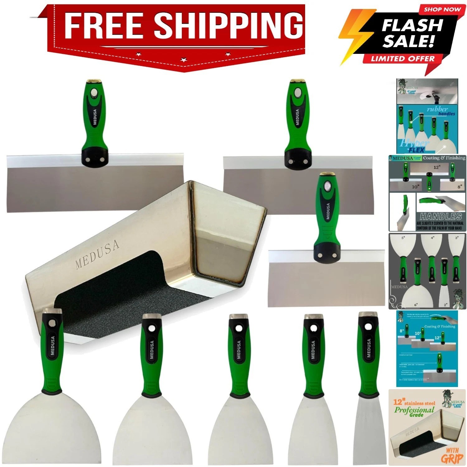 s Flexible Stainless Steel Drywall Taping Knife Set with 12" Mud Pan and Grip...