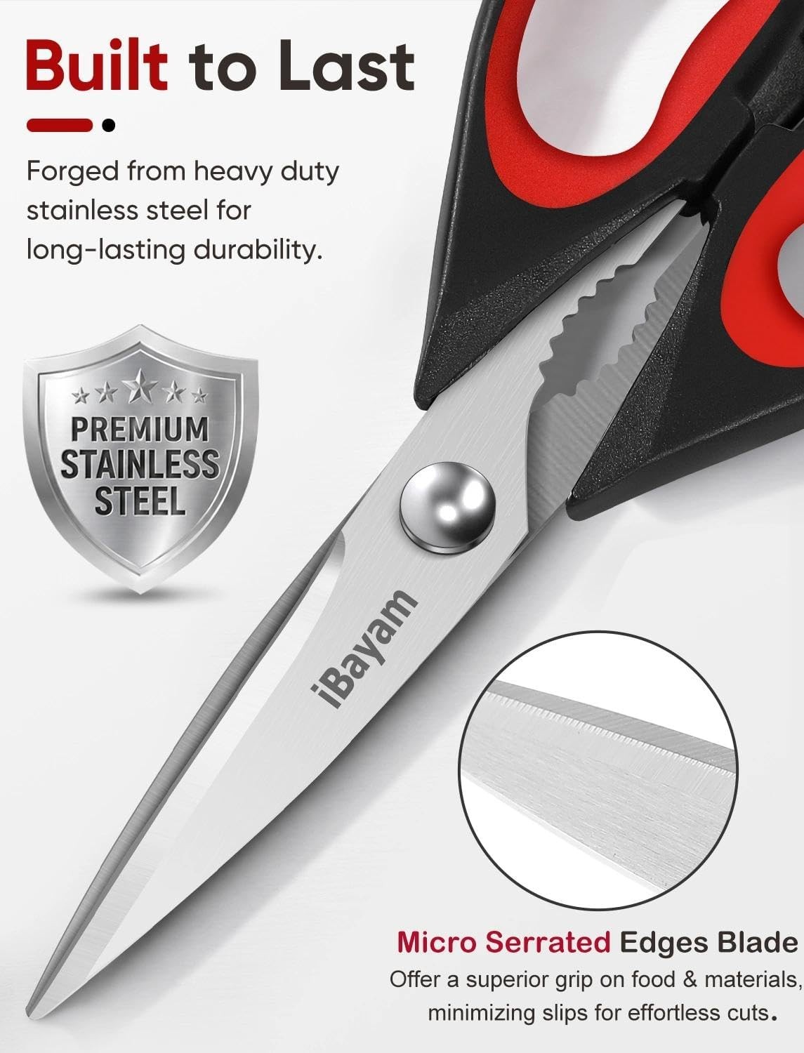 iBayam Kitchen Scissors Shears All Purpose 2-Pack, Black Red, Gray
