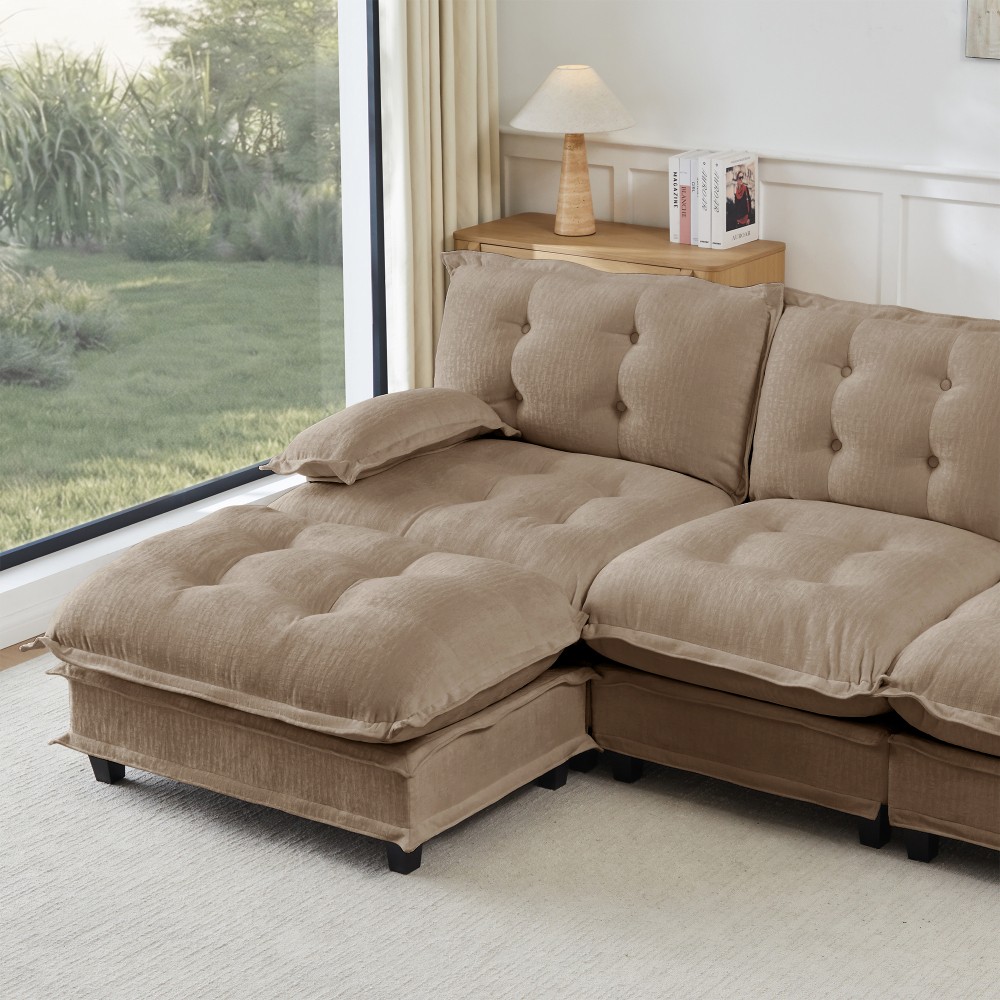 4 Seat L Shaped Sectional Sofa with Ottoman, Chenille Cloud Couch