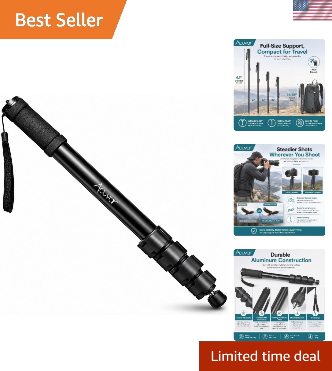62 Inch Photography Monopod - Lightweight Camera Support with Adjustable Height