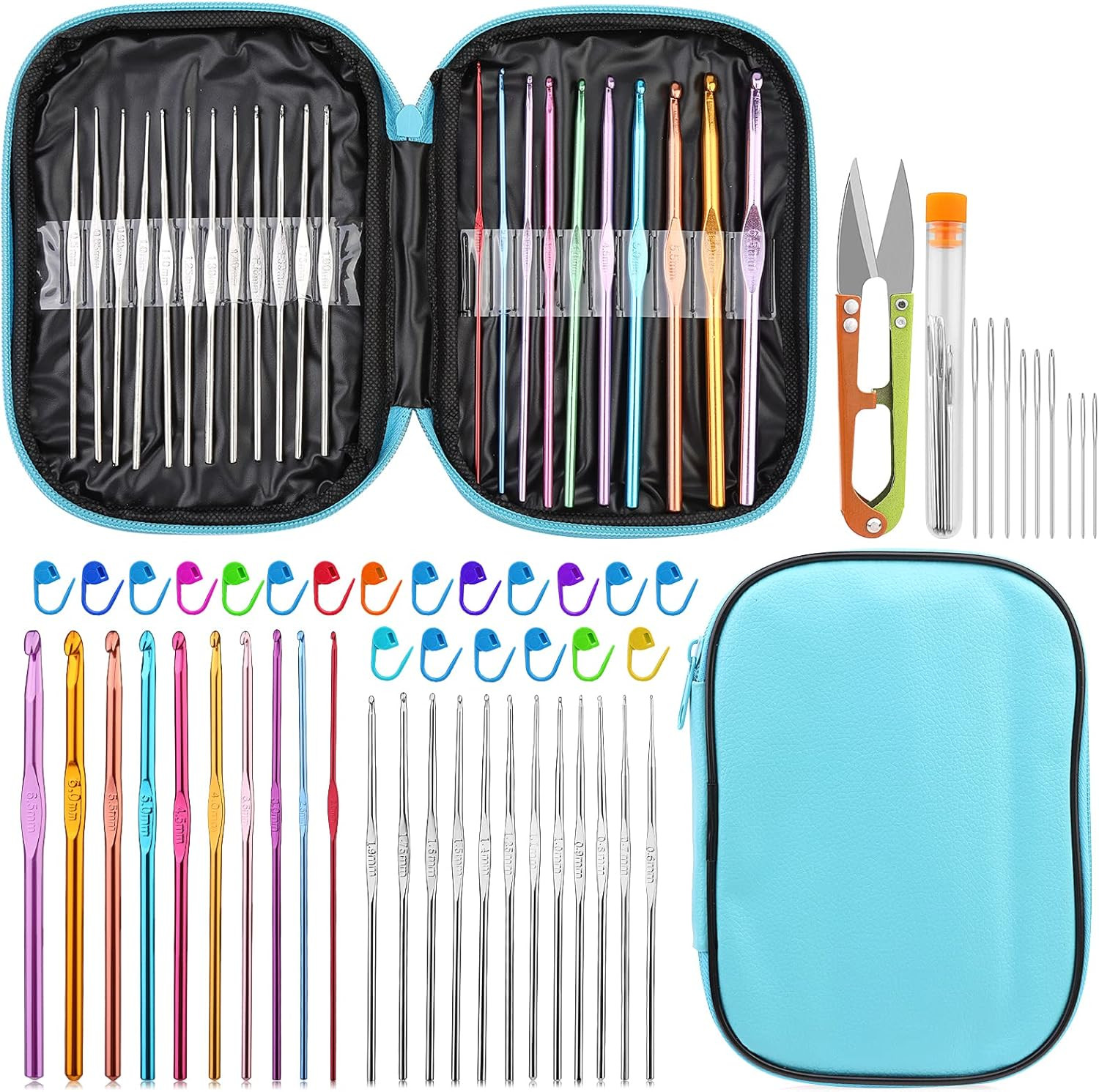 54 Pcs Crochet Hooks Set with Case Ergonomic Crochet Kit Yarn Pieces Markers