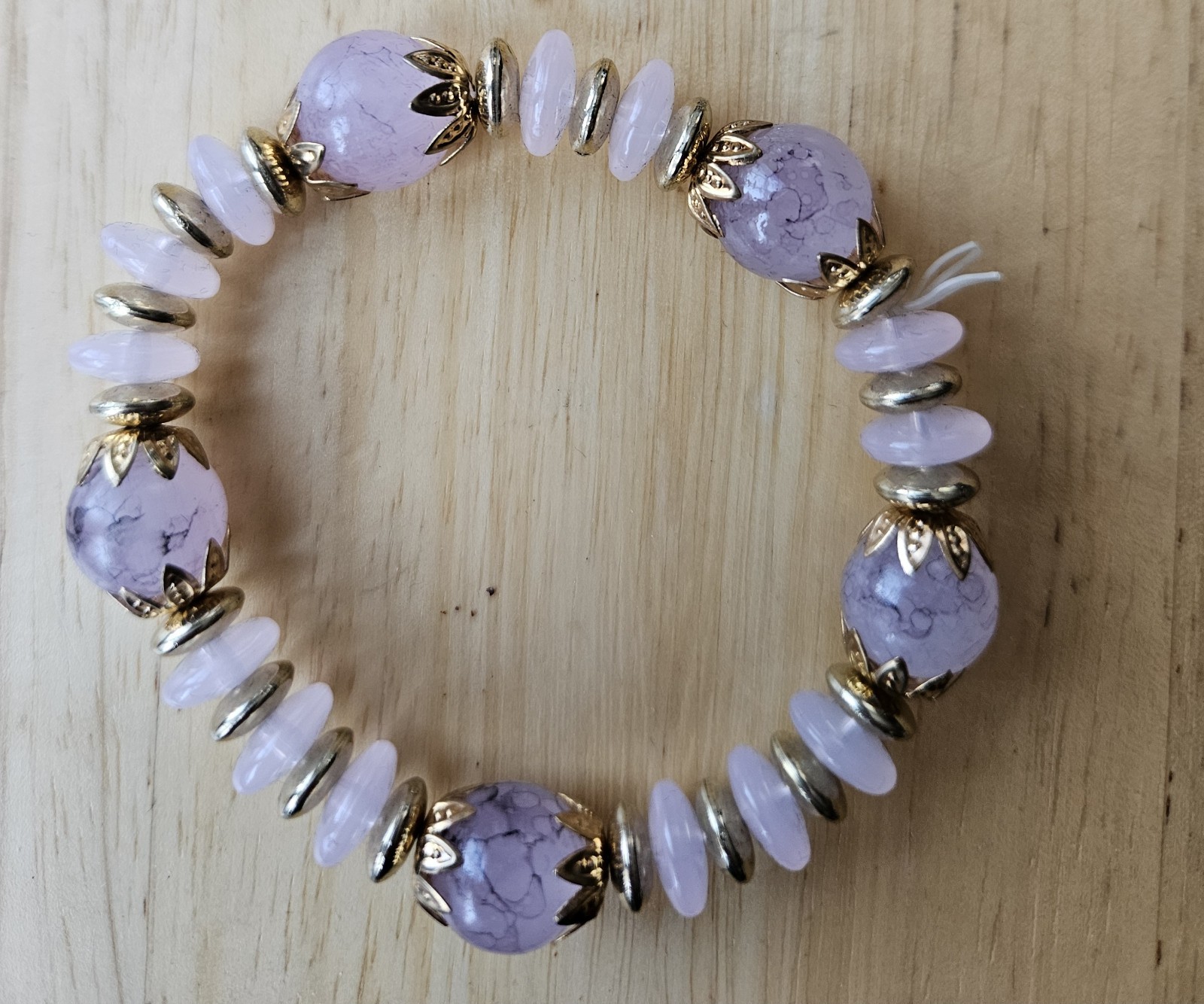 Lavender Quartz Beaded Stretch Bracelet with Gold Tone Round Spacers