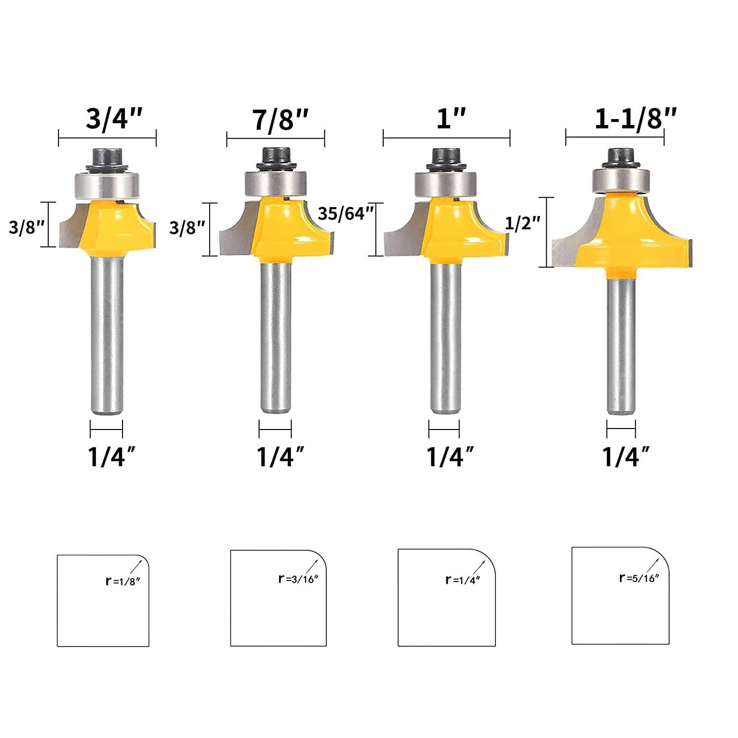 Roundover Router Bit Set 4pcs 1/4" Shank Radius 1/8" 1/4" 3/16" 5/16" - Bea
