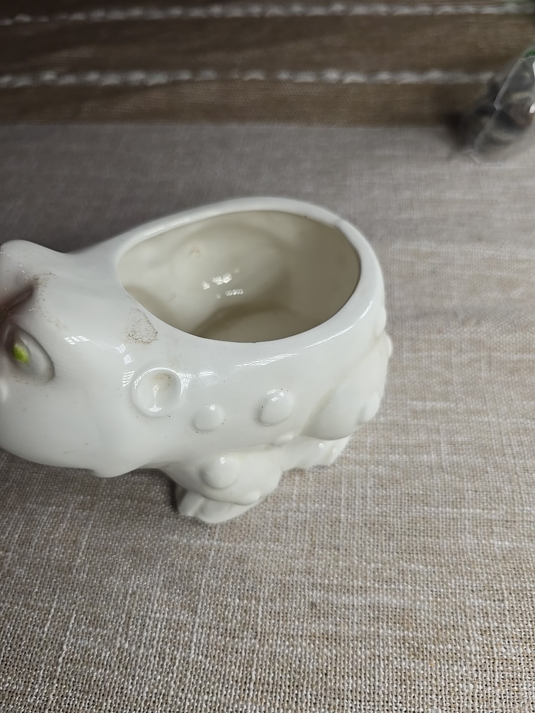 Vintage White Frog Planter Green Eyes