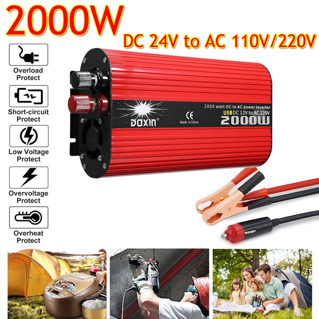 2000W Peak Pure Sine Wave Power Inverter Converter DC 24V to AC 110V USB Port US