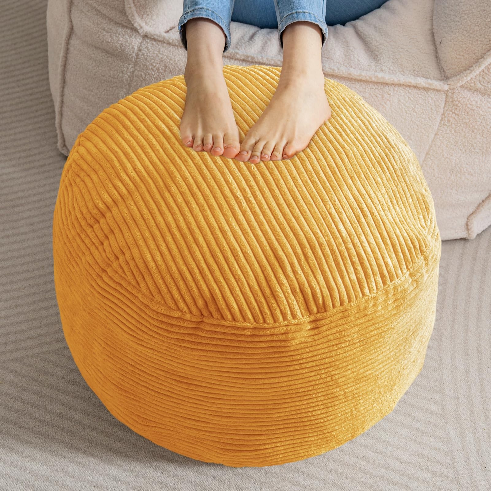 HIGOGOGO Round Stuffed Pouf Ottoman, Corduroy Poufs with Foam 20 inch, Orange