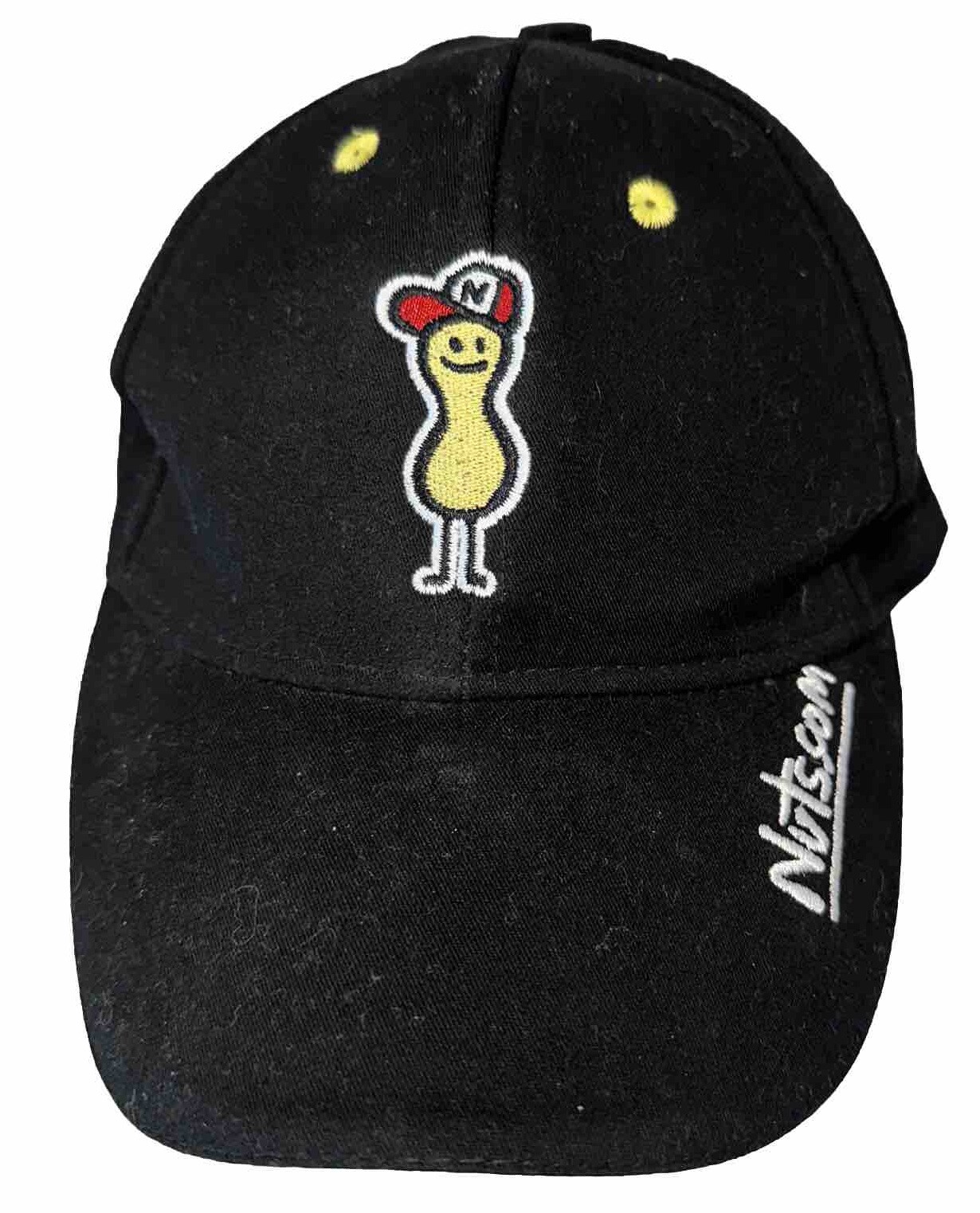Nuts.Com Black Hat Cap Hoop Loop Yellow Bill Edge Peanut on Front OSFA
