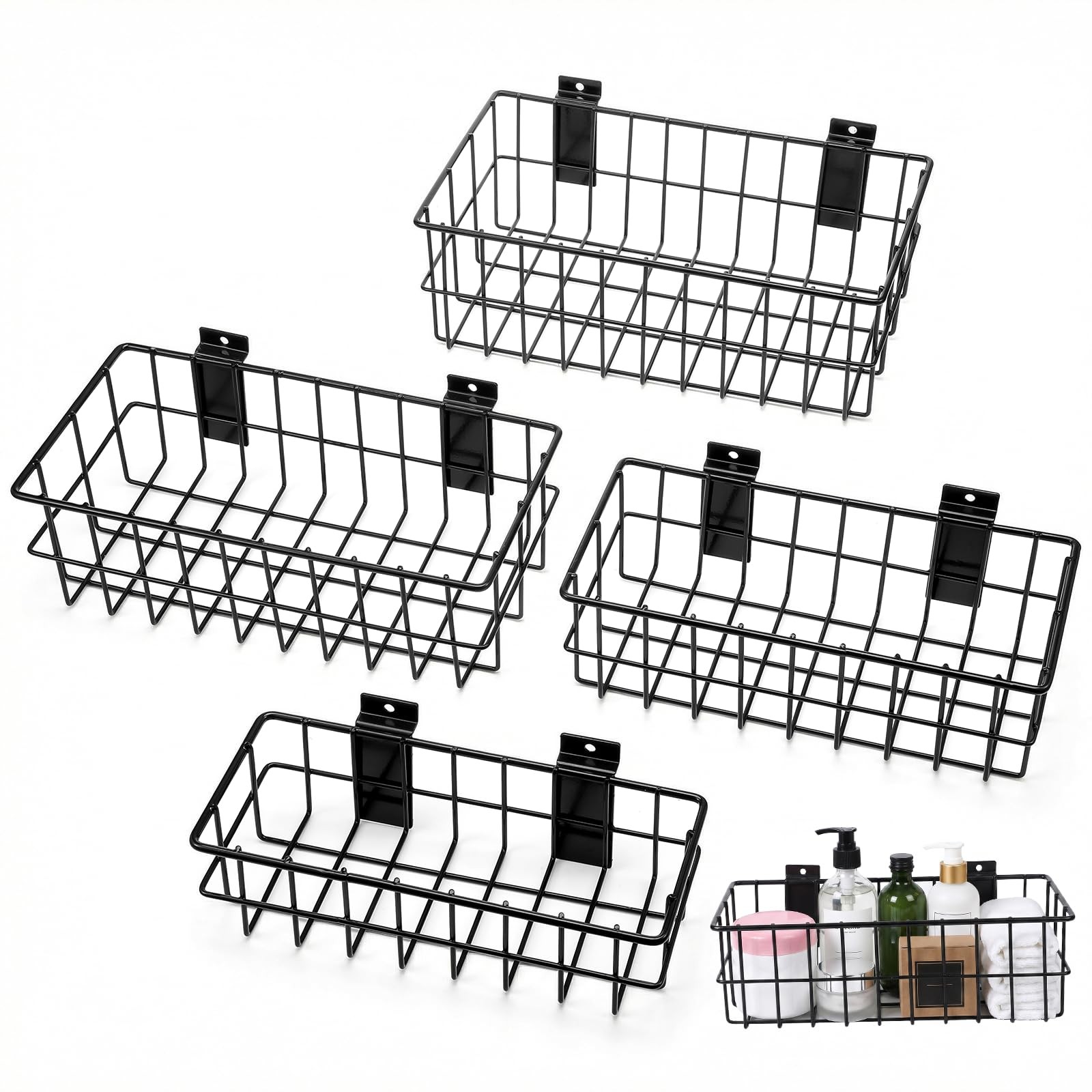 4 Pack Metal Grid Wall Baskets with Hooks, Ventilated Metal Hanging Storage S...