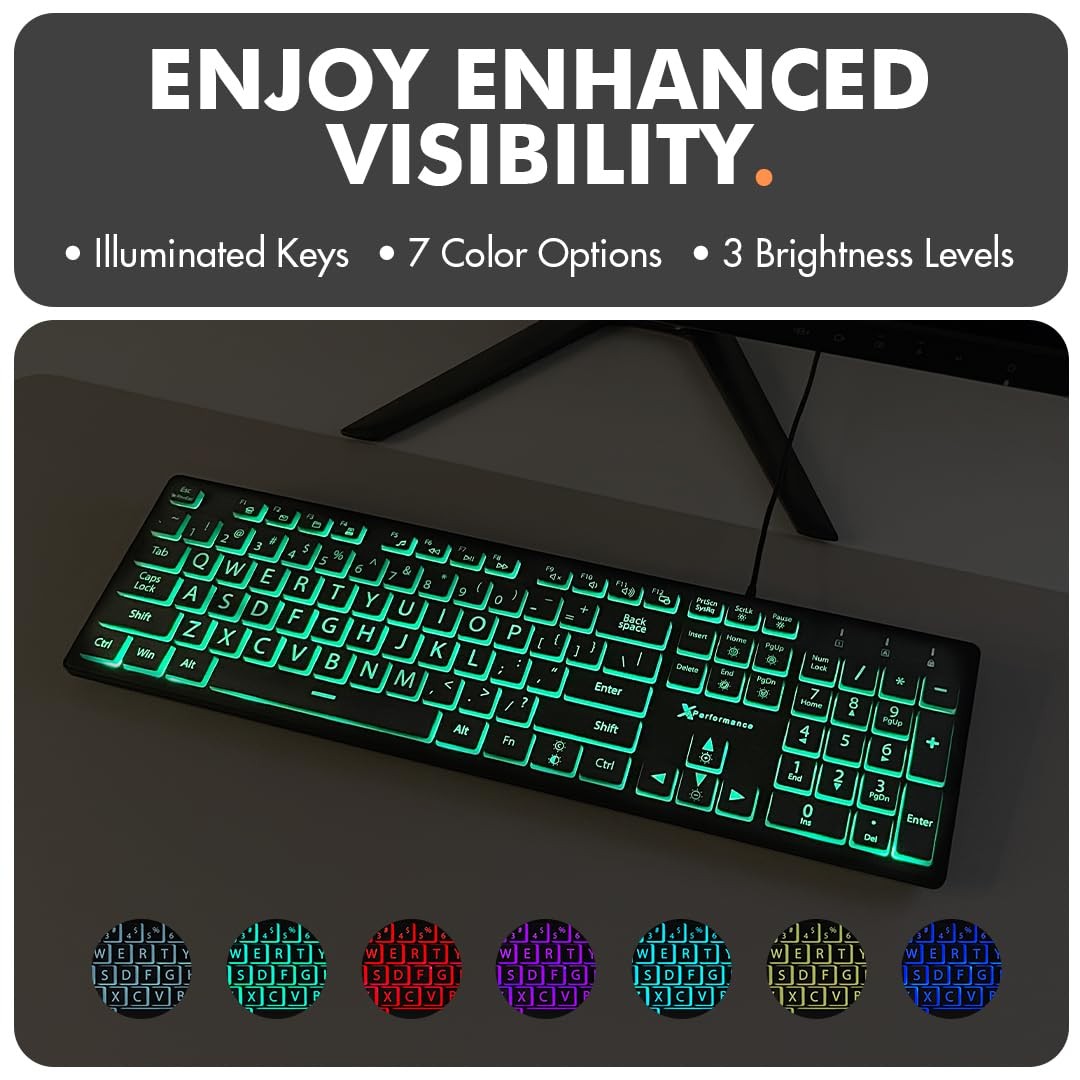X9 Large Print Backlit Keyboard | Wired Light Up Computer Keyboard for PC Des...