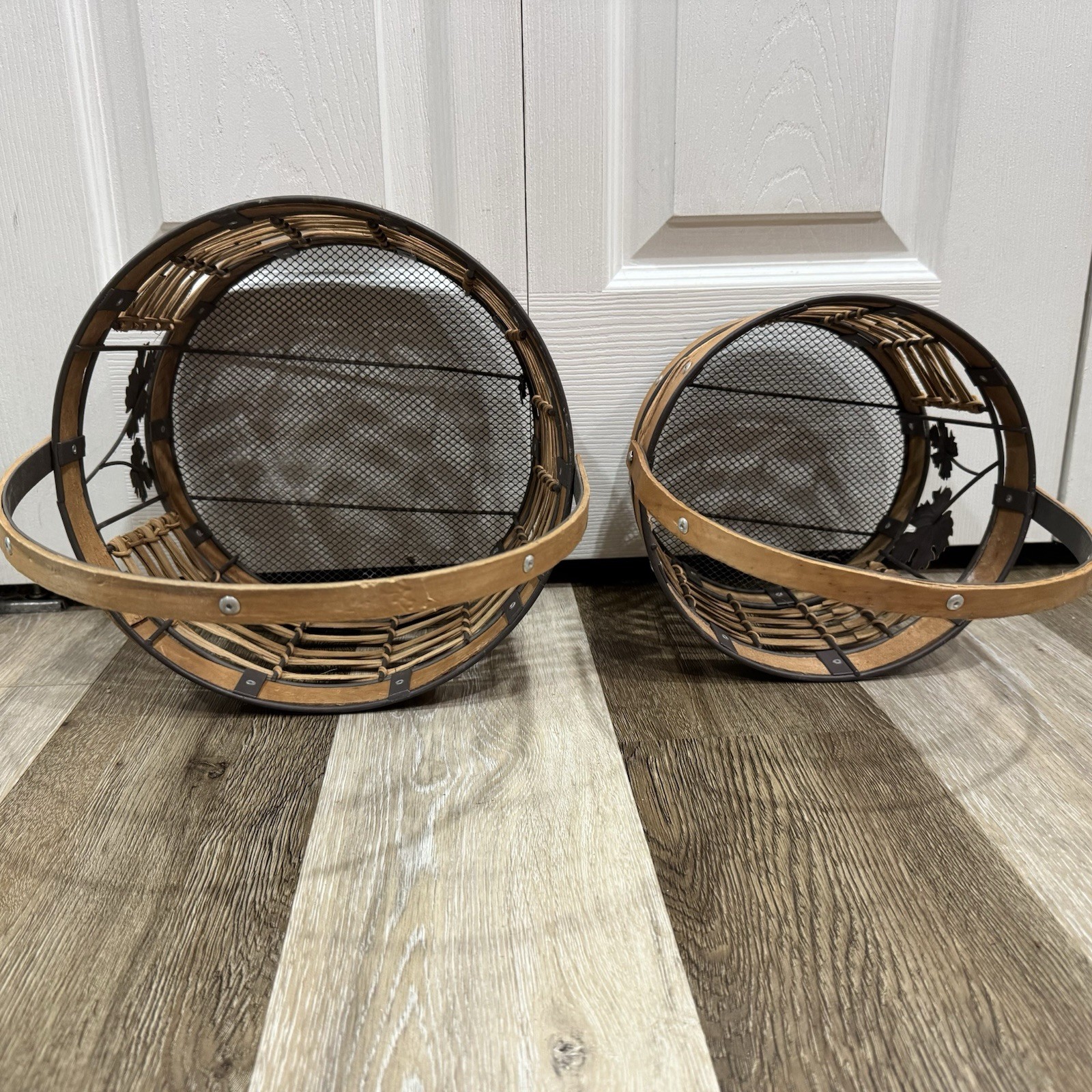 2 Wicker Wire Baskets Large & Medium Fall Autumn Leaves Moveable Handles Rivets