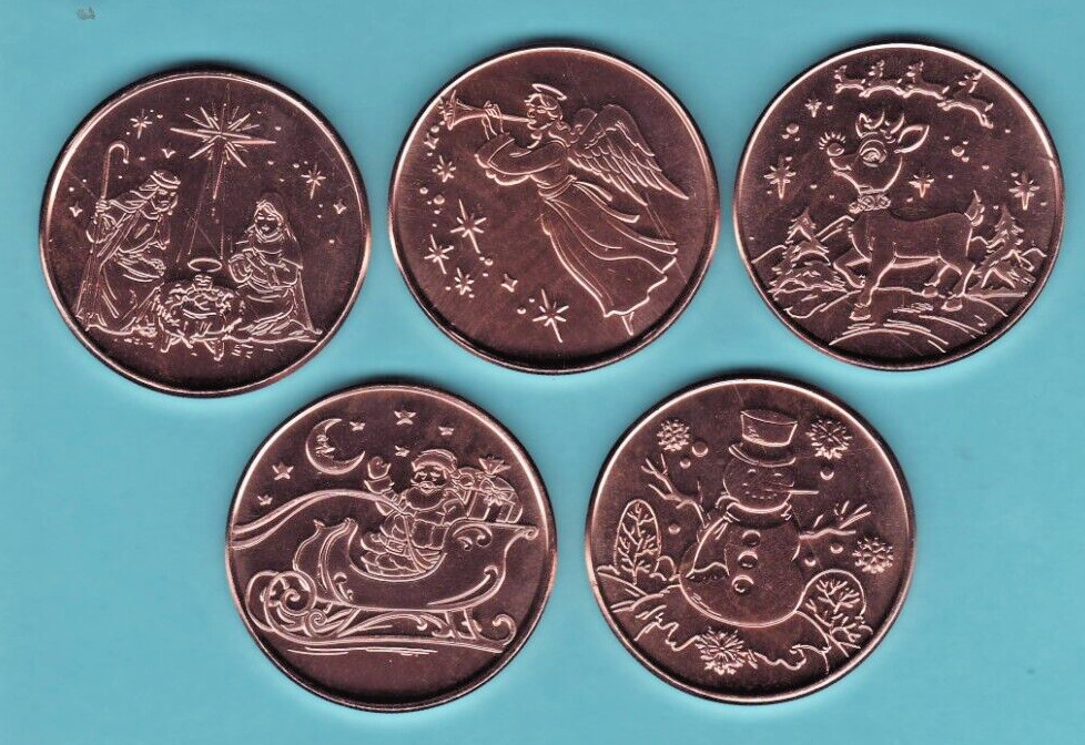 MERRY CHRISTMAS SET  1 oz copper rounds  5 Coin Set CHRISTMAS TREE  BACK  Post-C