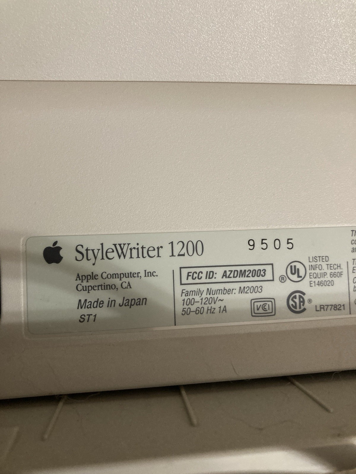 Vtg Tested Apple Stylewriter 1200 Computer Printer M2003 POWERS ON Moves On Rail