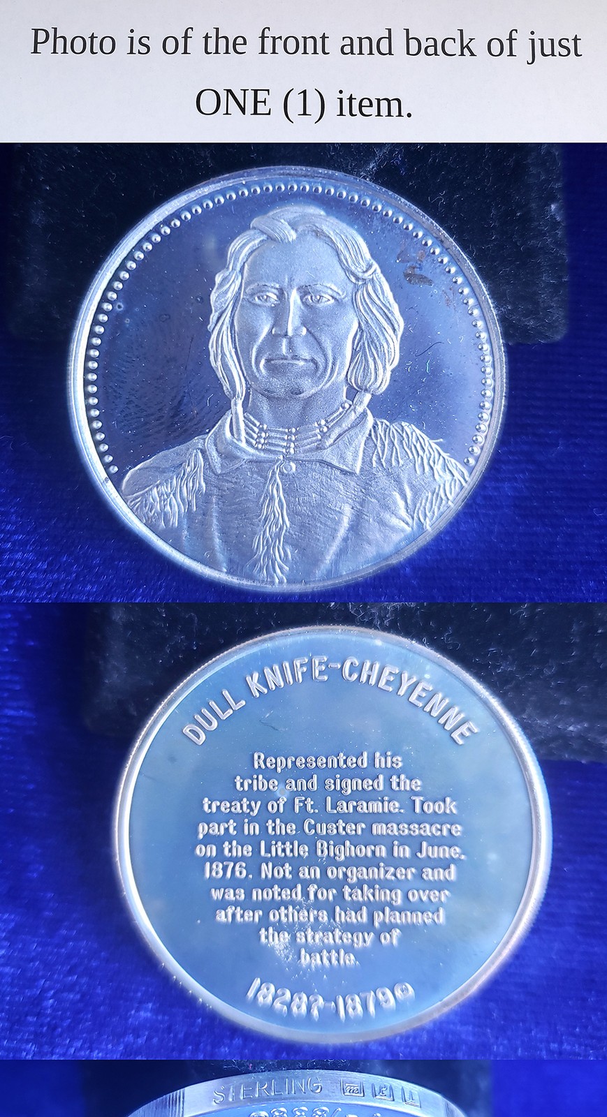 Native American Indian Dull Knife Cheyenne 1 Oz 925 Sterling Silver Round