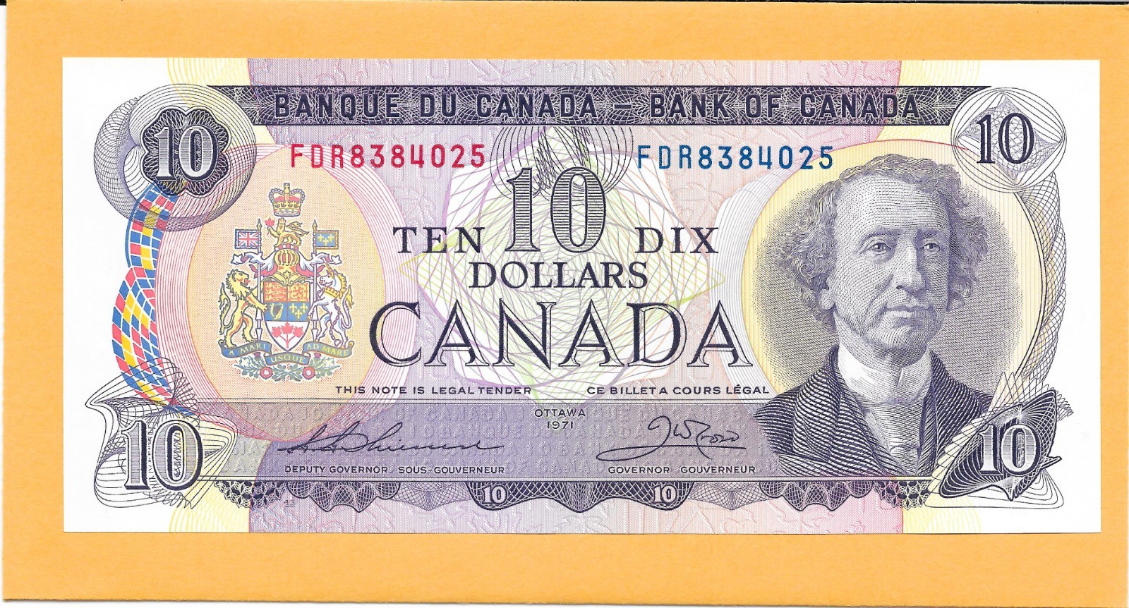 1971 CANADIAN 10 DOLLAR BILL FDR8384025 VERY NICE CRISP (UNC)