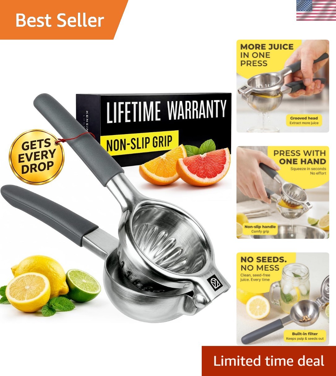 Large Lemon Squeezer Stainless Steel Press - Non-Slip Grip, Heavy Duty, Manua...