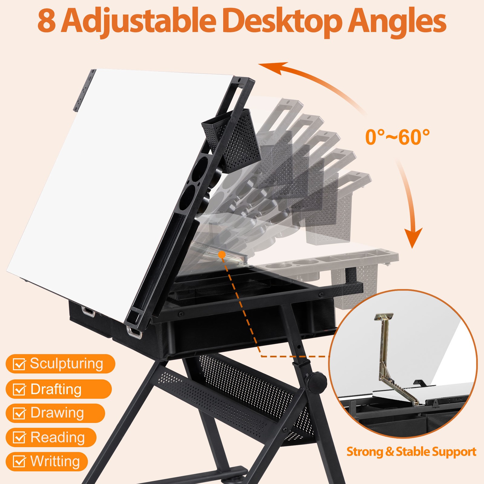 Adjustable Drafting Drawing Table Tabletop Tiltable w/ Stool & Outlet White