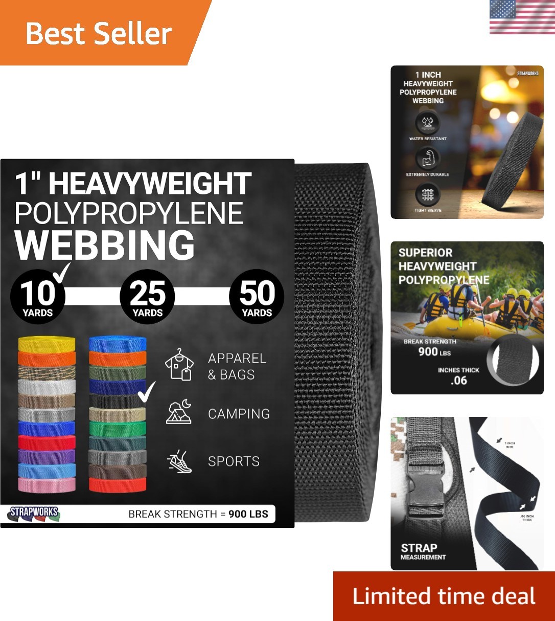 900lbs Strength Polypropylene Webbing - Versatile 1" x 10 Yards Black Straps